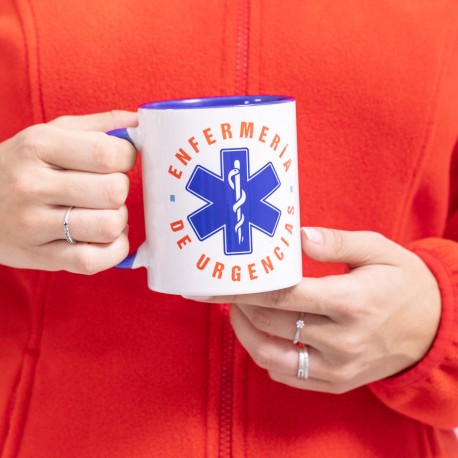 Taza cerámica azul estampada Enfermería de urgencias