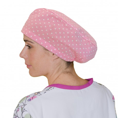 Long Hair Surgical Cap - Dots over pink