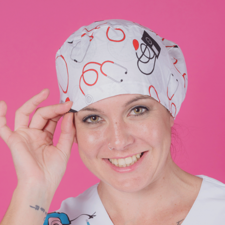 Long hair surgical cap printed EKG with buttons