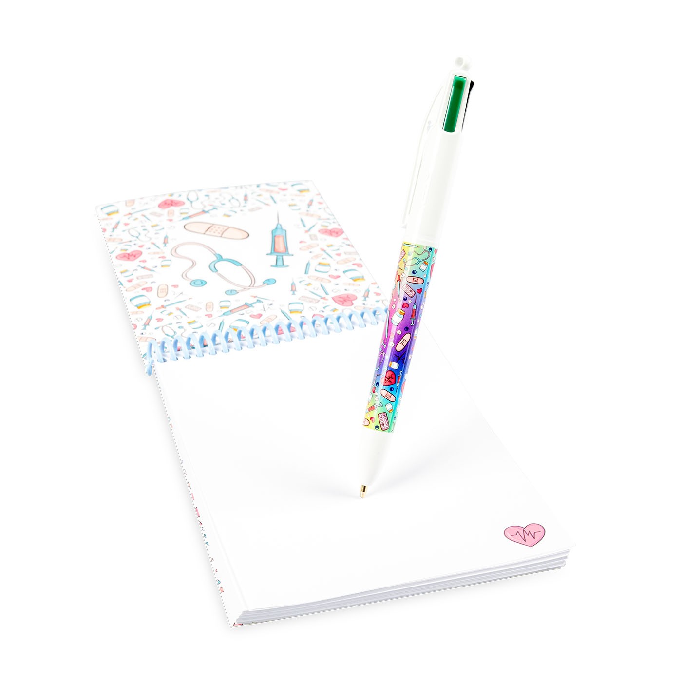 Bolígrafo sobre libreta con diseño sanitario
