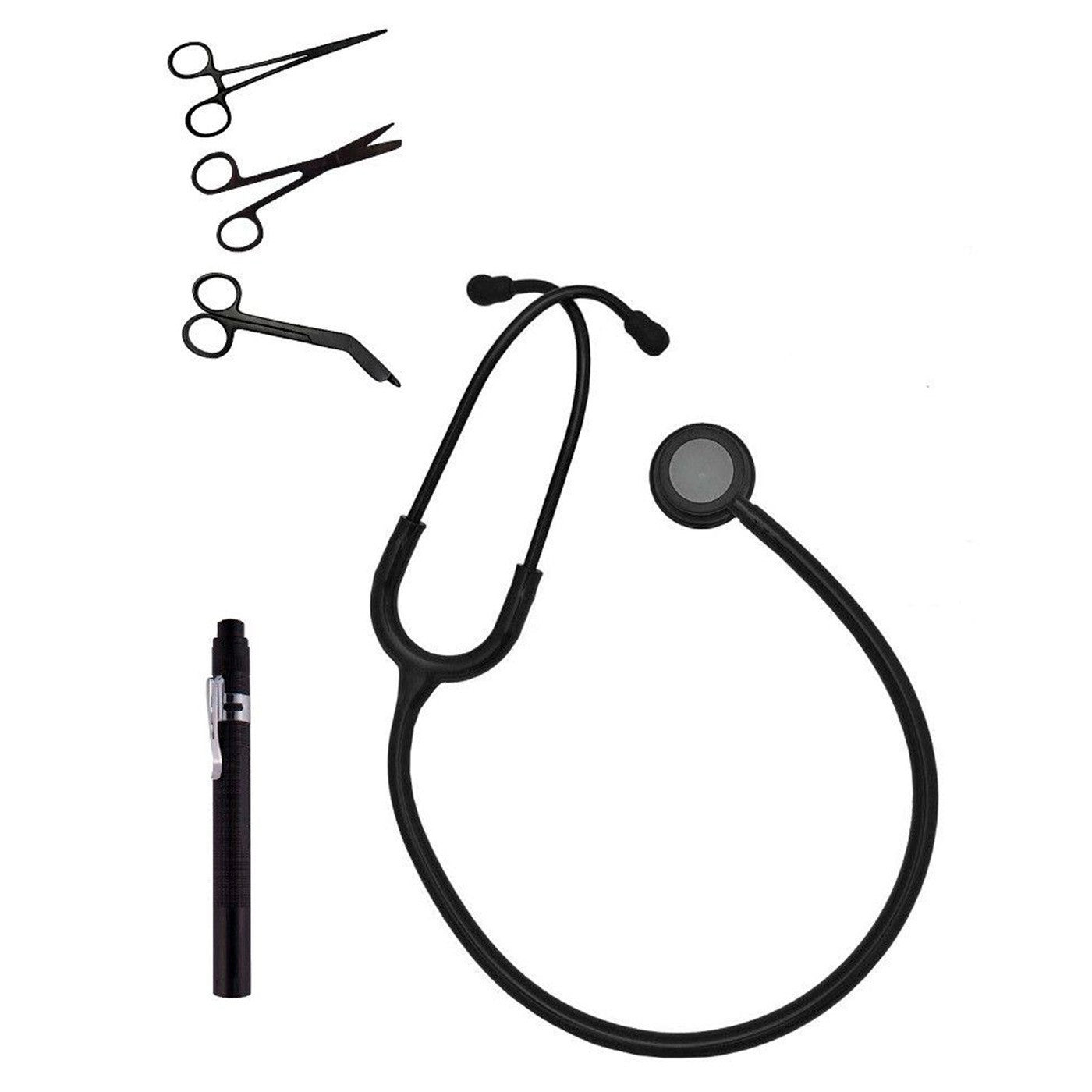 Kit para Estudiantes de Enfermería Duovitec – Fonendoscopio, Linterna y Tijeras Negro Mate-zoom-1