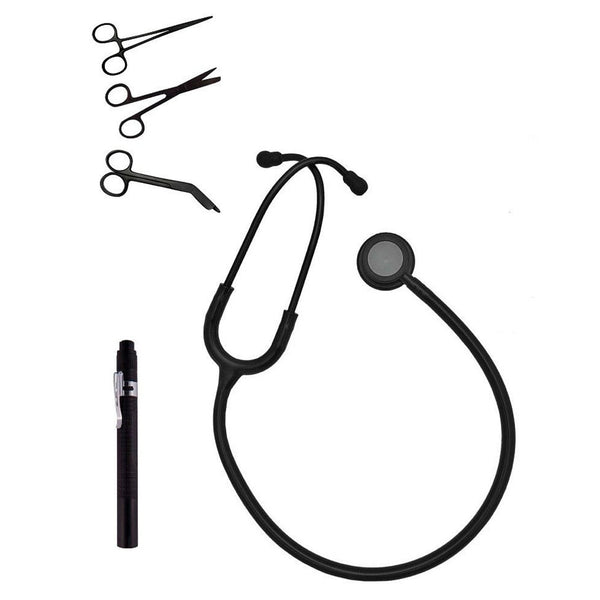 Kit para Estudiantes de Enfermería Duovitec – Fonendoscopio, Linterna y Tijeras Negro Mate