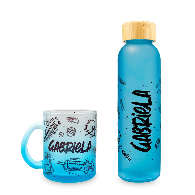 Pack botella y taza de cristal azul - Motion-zoom-