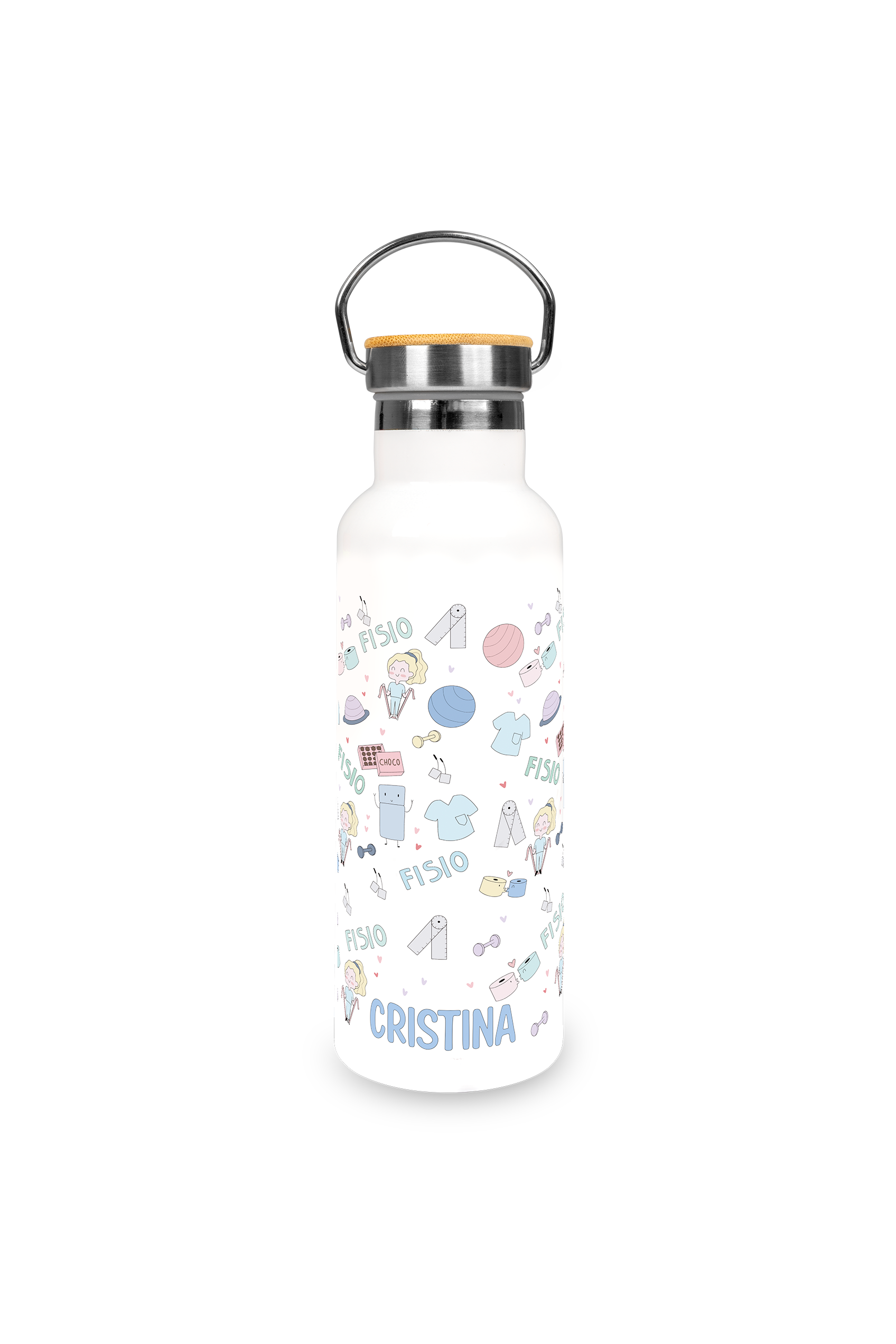 Bidón personalizable de Acero Inoxidable con Tapa de Bambú | Fisio Pastel