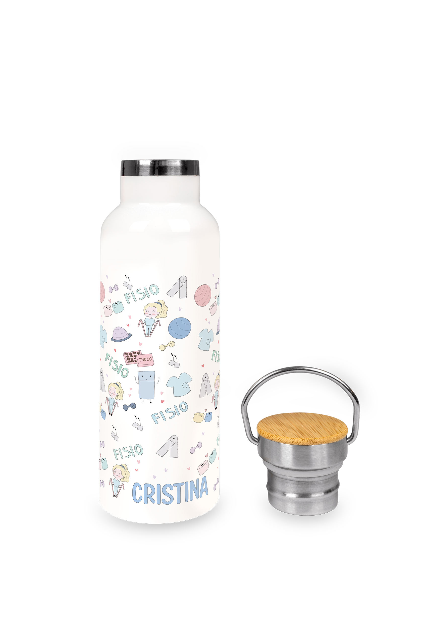Bidón personalizable de Acero Inoxidable con Tapa de Bambú | Fisio Pastel