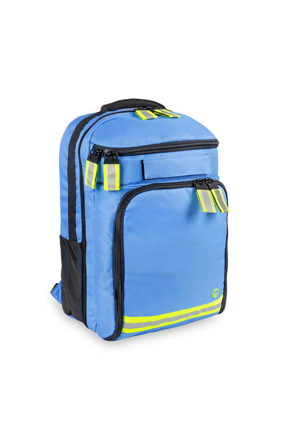 Mochila de emergencias sanitaria azul con bandas reflectantes