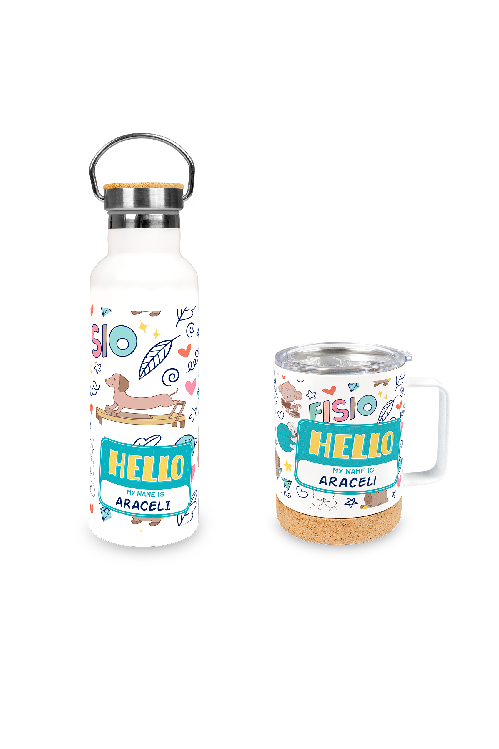 Pack botella y taza de acero - Animalitos Fisio-1